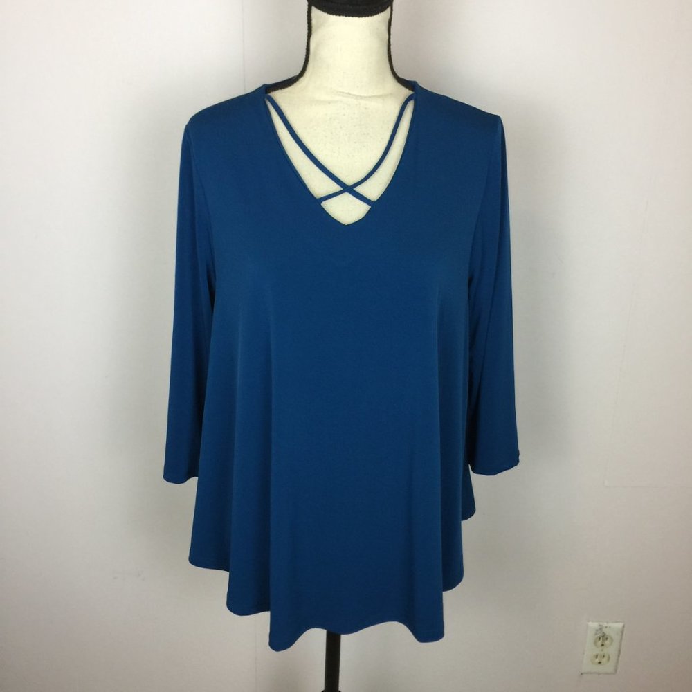 Chico's Blouse Top Size 2 Womans Large Blue Knit Criss Cross V-Neck 3/4 Sleeve